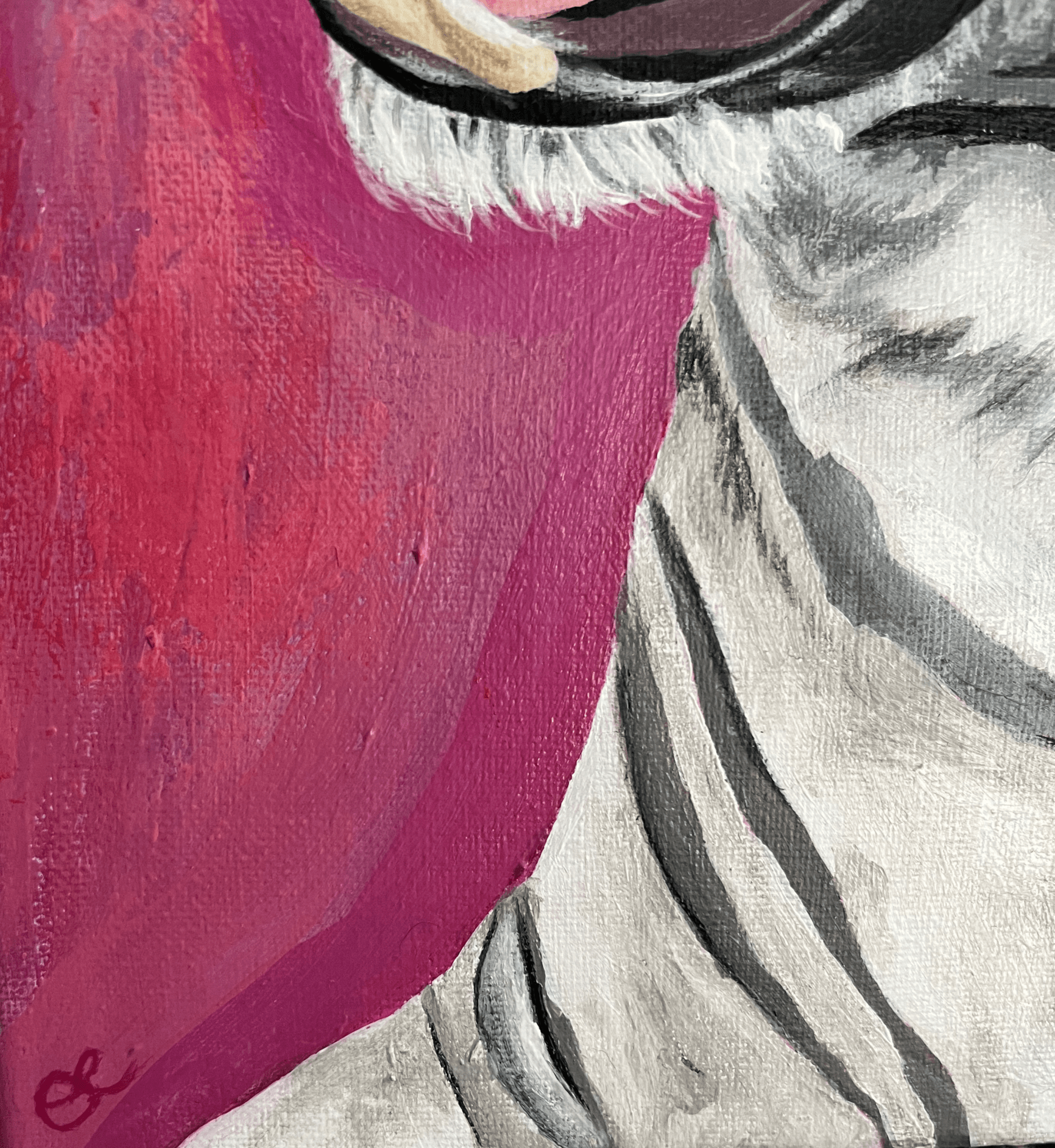 Signature of acrylic painting of a White Bengal tiger outlined in pink against a red and pink background, titled “Roar!” by Olivia Catherine Art.