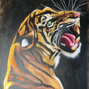 Original acrylic painting of a Bengal tiger with a piercing green eye on a 12 × 16 inch canvas, titled “Eyes on You” by Olivia Catherine