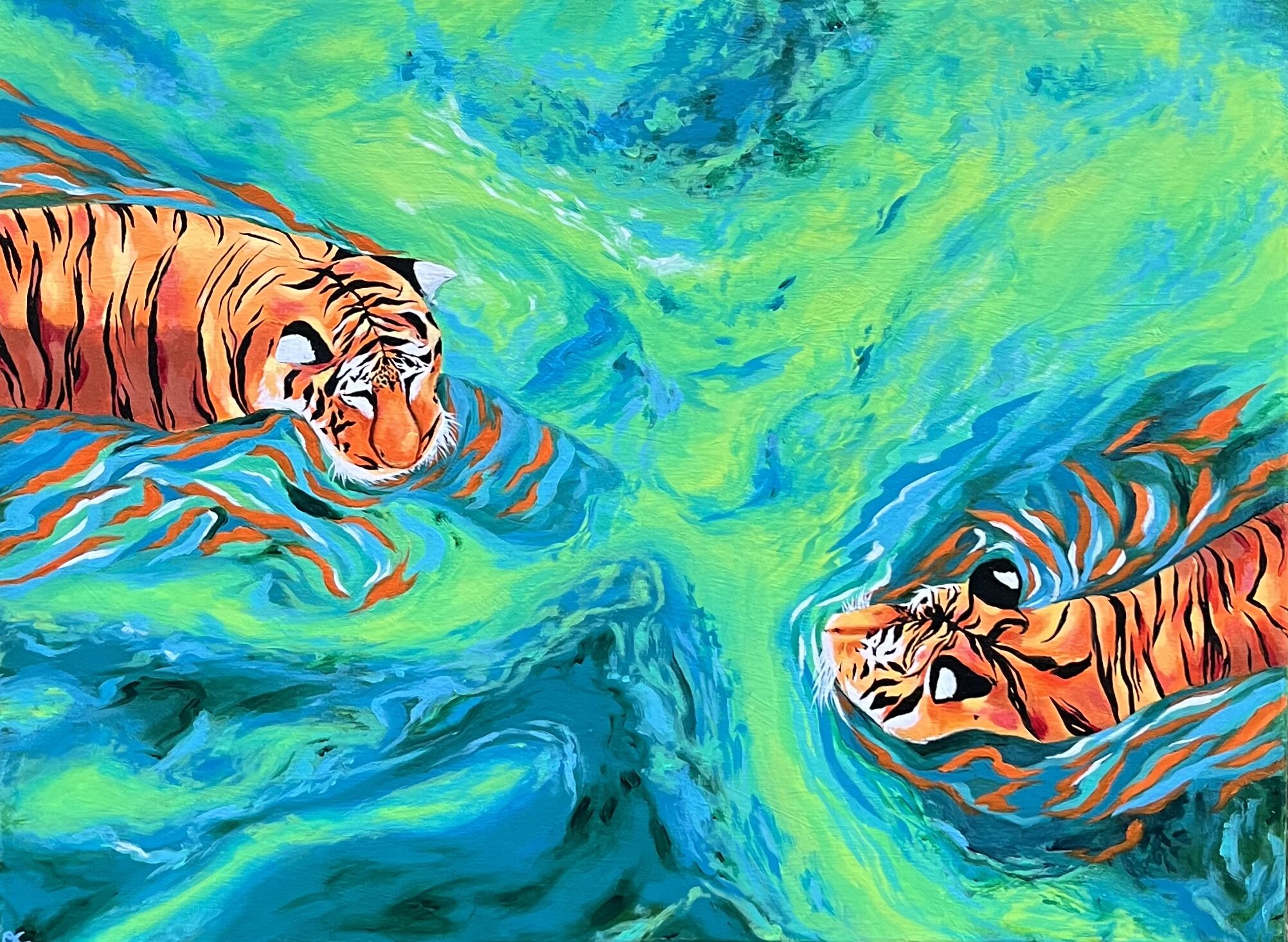 Abstract acrylic painting of two Bengal tigers swimming through layered green and blue water on a 20 × 24 inch canvas.
