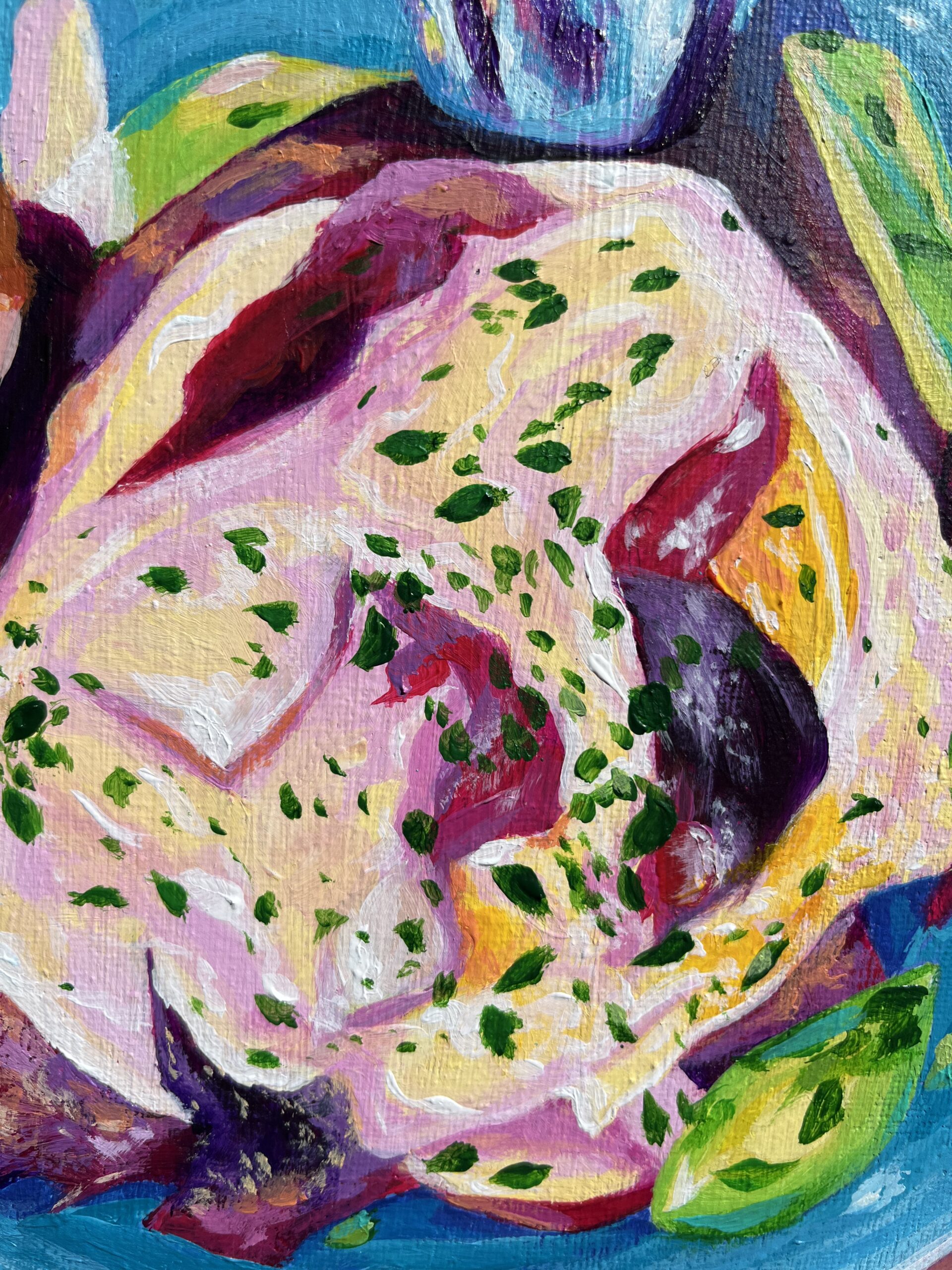 Colorful breakfast plate painting in soft purple and blue tones