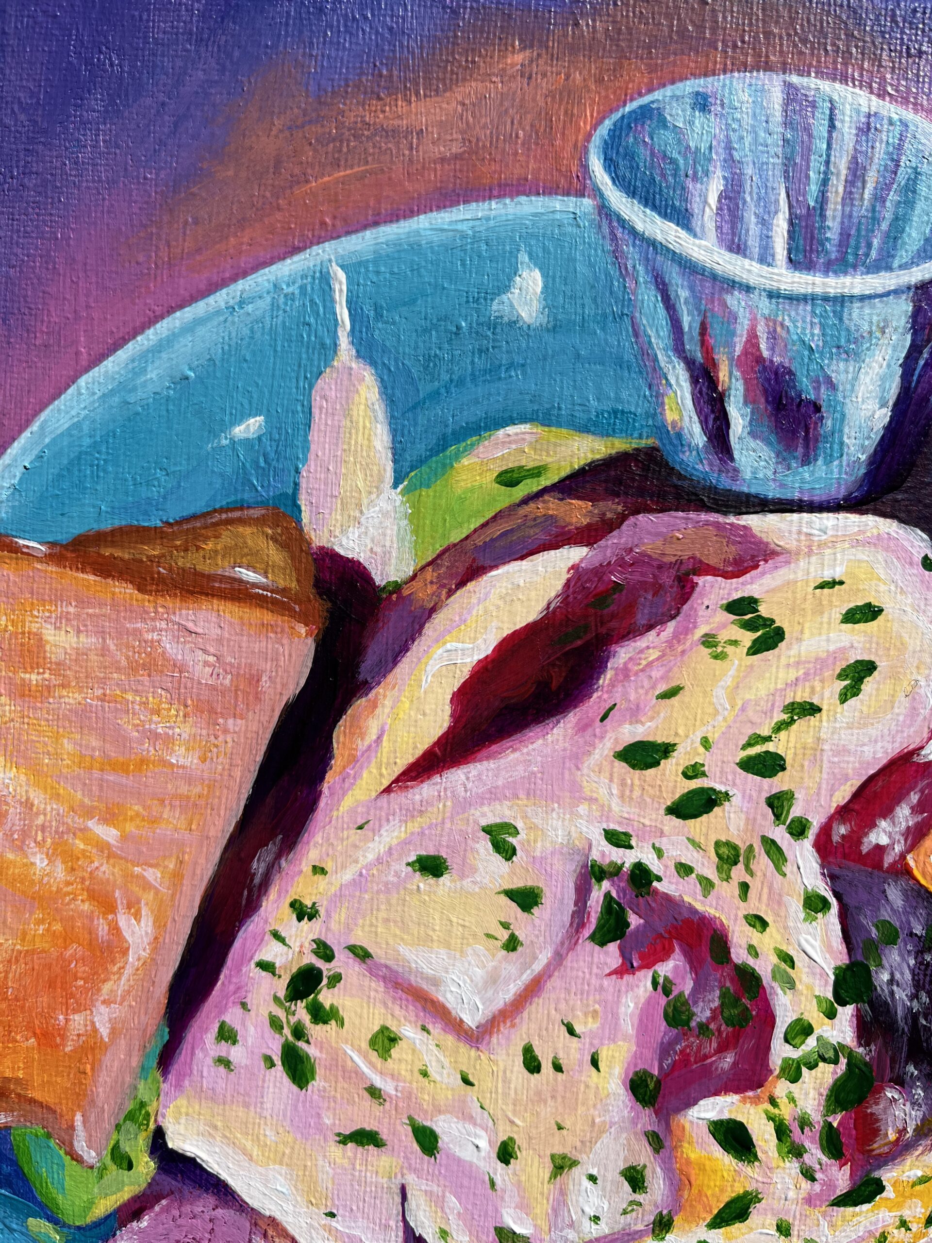 Colorful breakfast plate painting in soft purple and blue tones