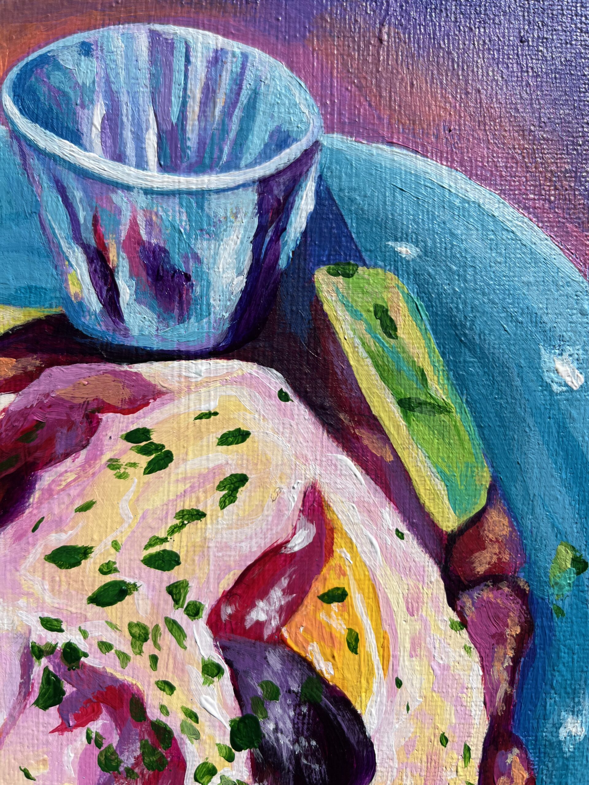 Colorful breakfast plate painting in soft purple and blue tones