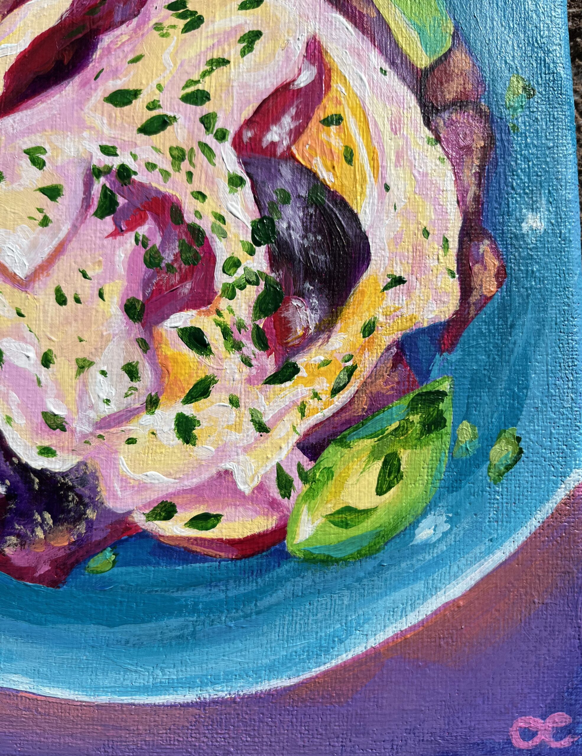Colorful breakfast plate painting in soft purple and blue tones