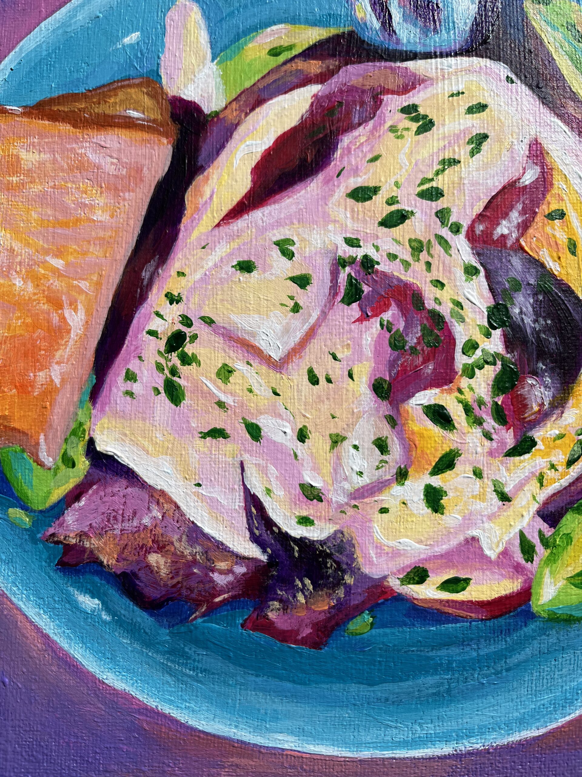 Colorful breakfast plate painting in soft purple and blue tones