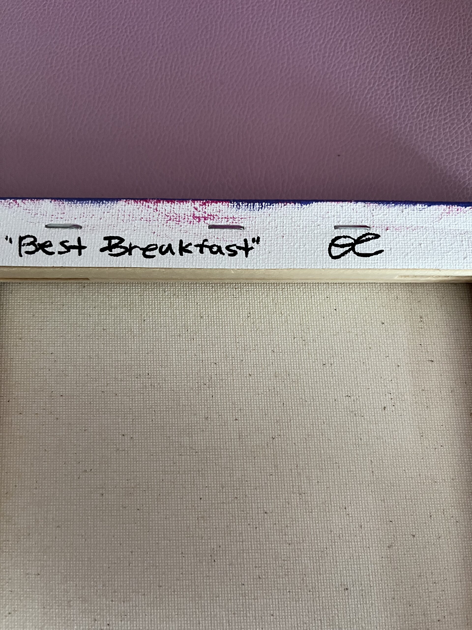 Back of original breakfast painting signed by the artist