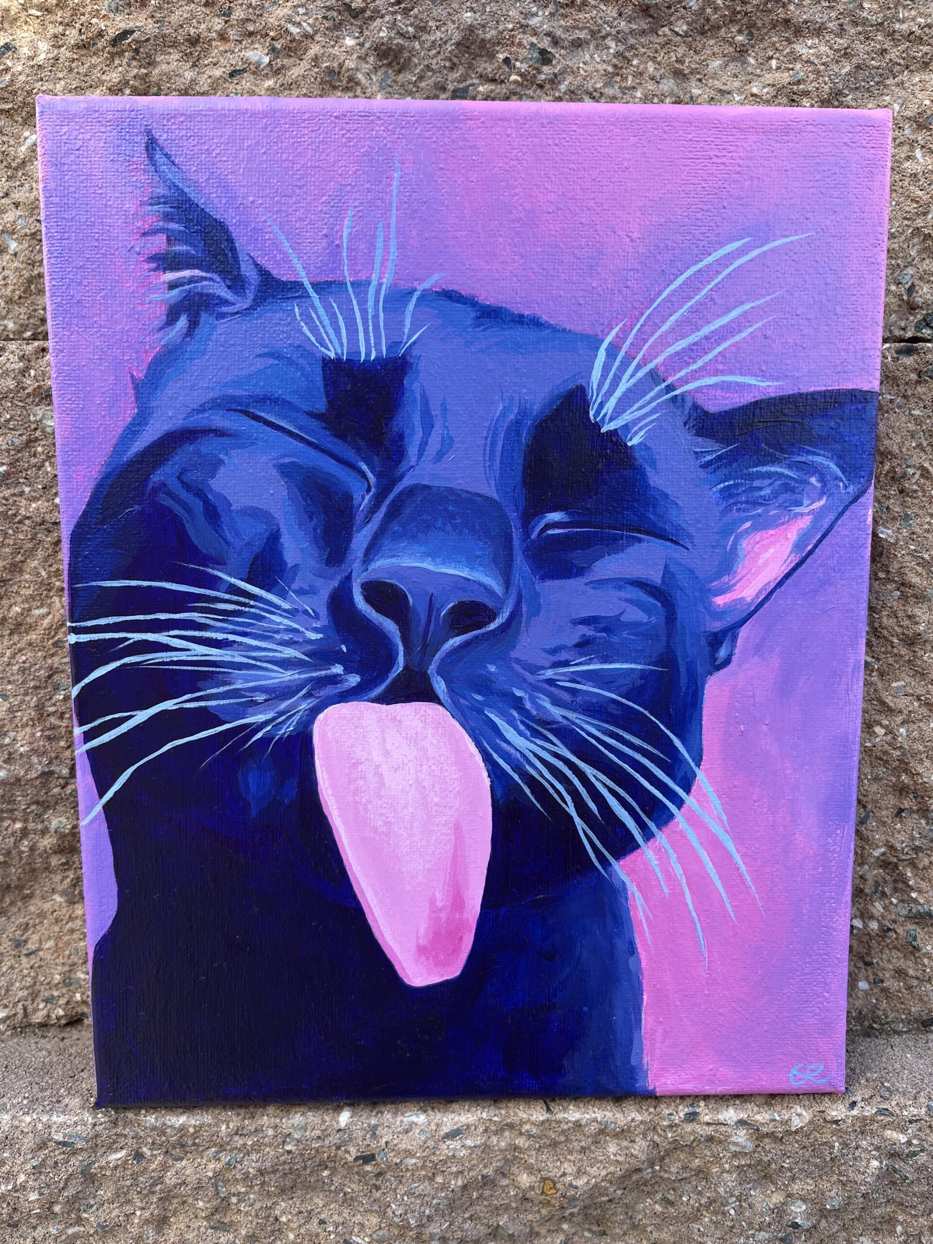 Cat acrylic painting on pink and purple background