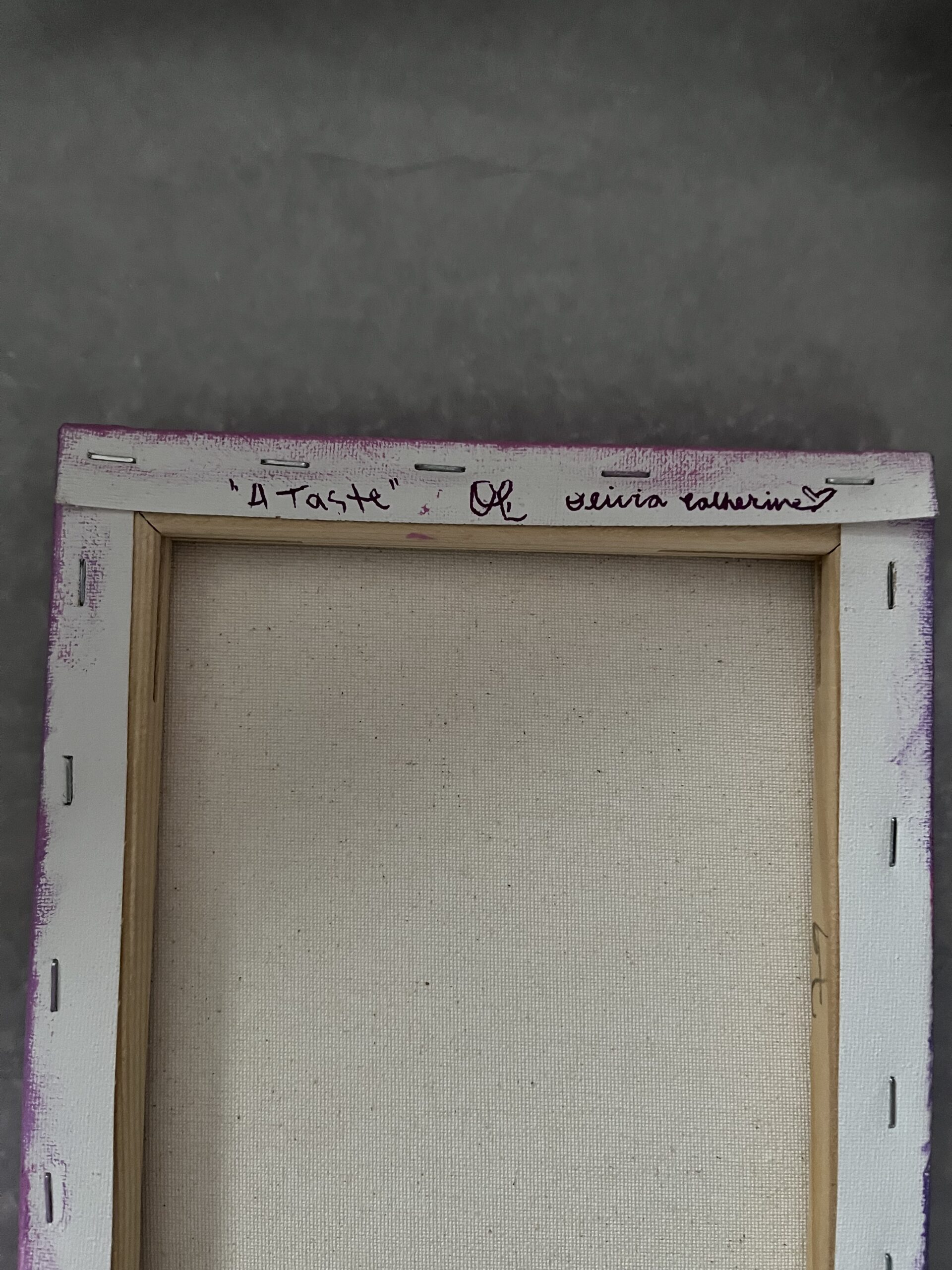 Back of original cat painting signed by the artist
