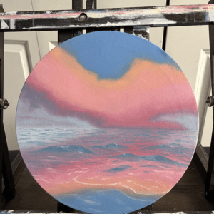 Oil ocean painting titled “Cotton Candy Skies” by Olivia Catherine Art.