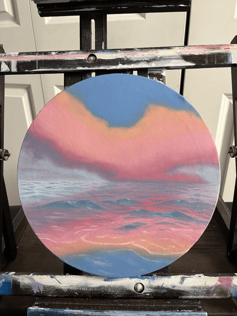 Oil ocean painting titled “Cotton Candy Skies” by Olivia Catherine Art.