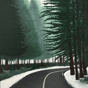 Painting of a road winding into a snowy forest