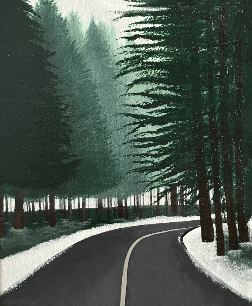Painting of a road winding into a snowy forest