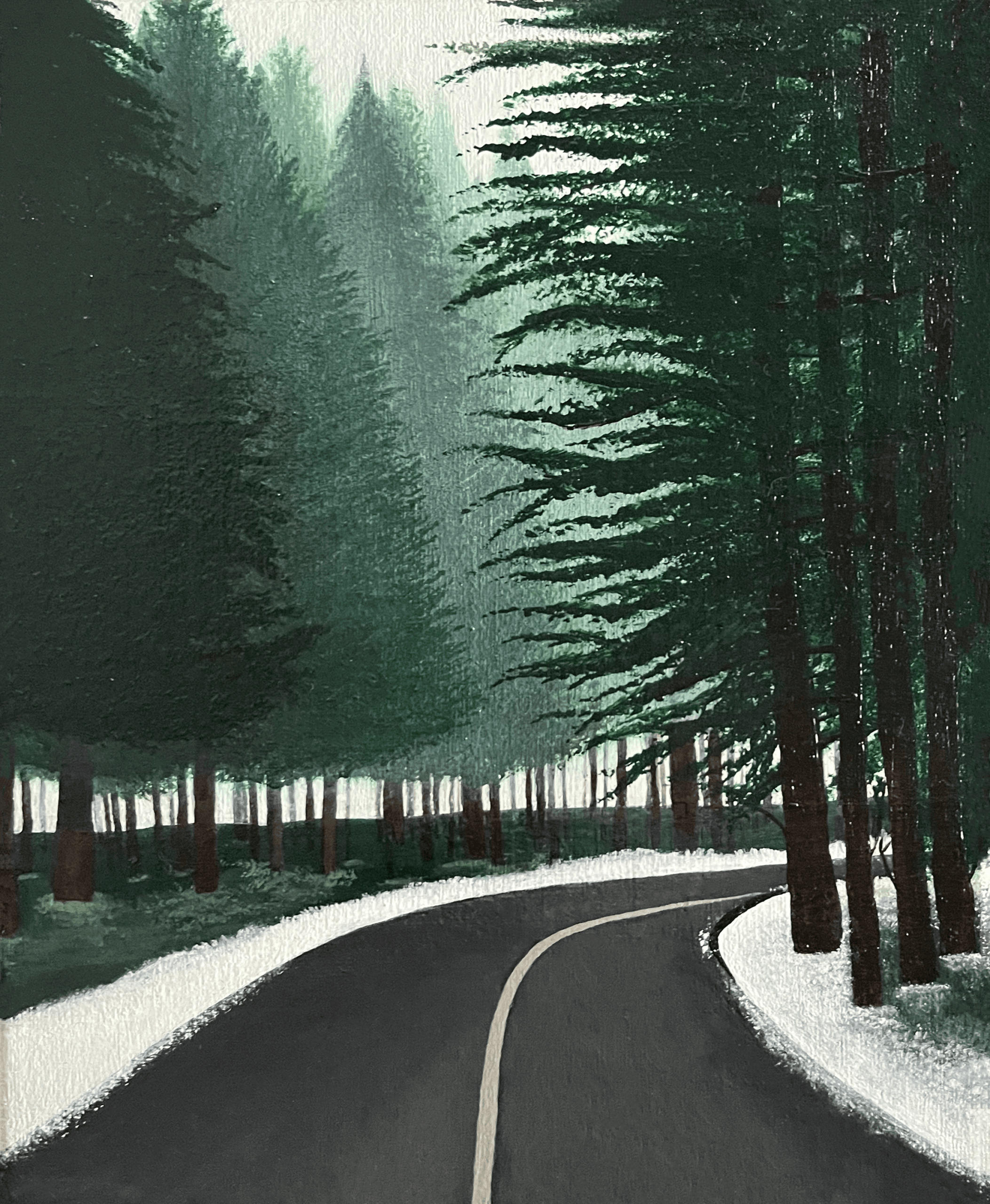 Painting of a road winding into a snowy forest