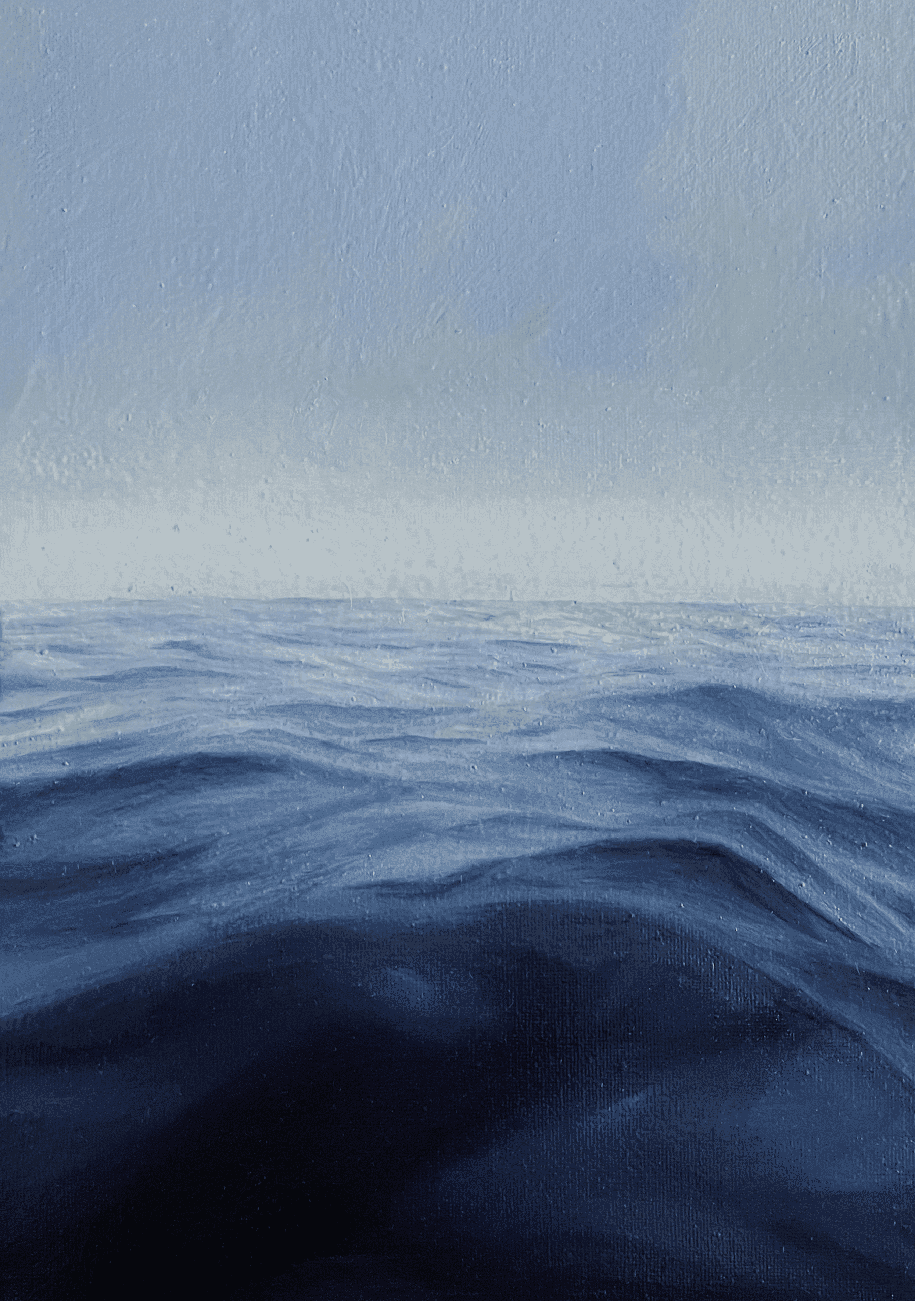 Oil ocean painting with soft waves and a pale yellow sky, titled ‘Gentle Sea’ by Olivia Catherine