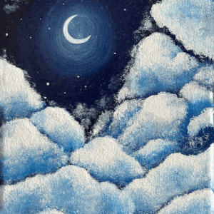 Acrylic night sky painting with clouds and a crescent moon, titled ‘Head in the Clouds’ by Olivia Catherine Art.