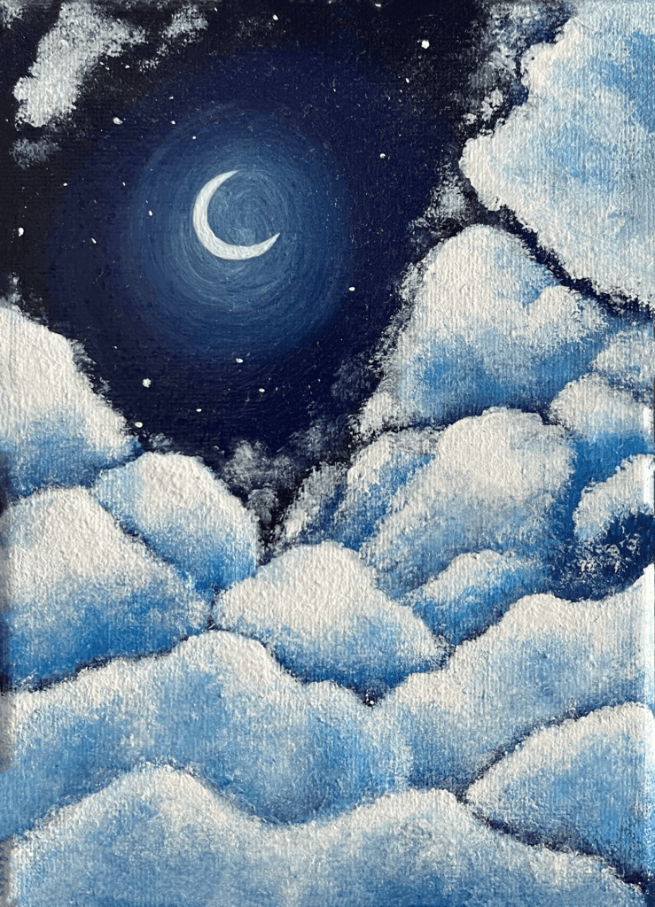 Acrylic night sky painting with clouds and a crescent moon, titled ‘Head in the Clouds’ by Olivia Catherine Art.
