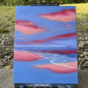Original oil painting of a calm ocean under a blue sky with pink clouds and a small crescent moon