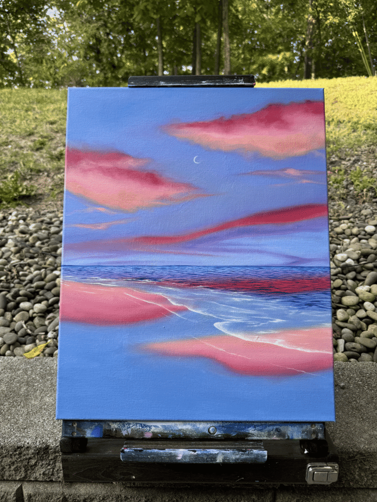 Original oil painting of a calm ocean under a blue sky with pink clouds and a small crescent moon