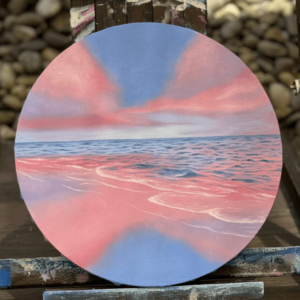 Oil ocean painting titled “Morning Walks on the Beach” on a round canvas