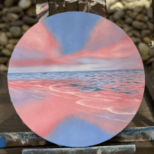 Oil ocean painting titled “Morning Walks on the Beach” on a round canvas