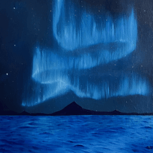 Oil ocean painting beneath an arctic night sky with glowing northern lights, titled ‘Peace At Last’ by Olivia Catherine