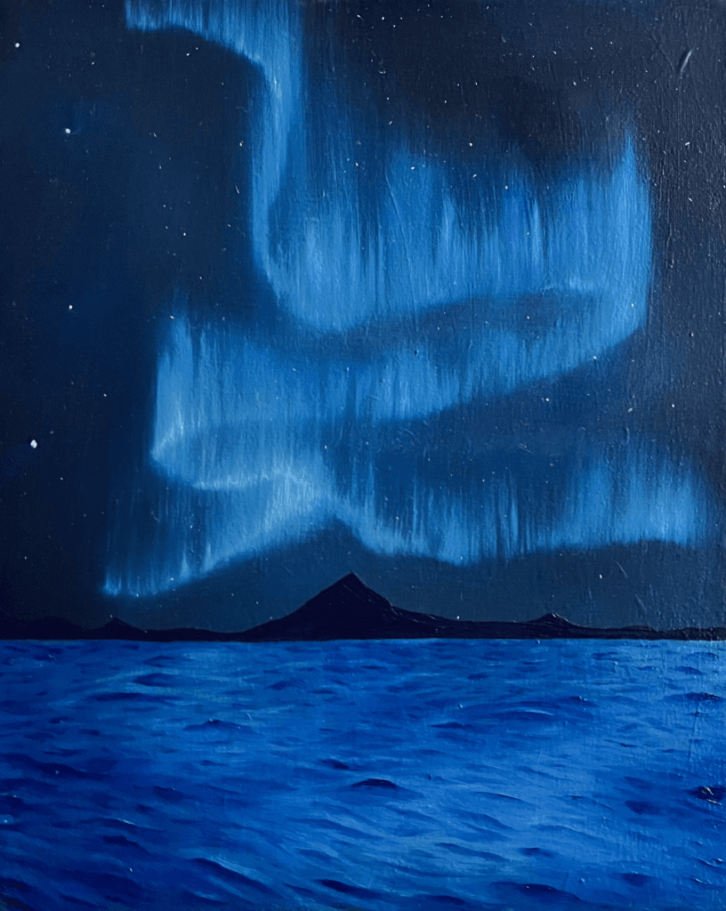 Oil ocean painting beneath an arctic night sky with glowing northern lights, titled ‘Peace At Last’ by Olivia Catherine