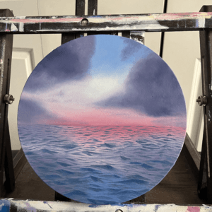 Oil ocean painting titled “Purple Skies” by Olivia Catherine Art.