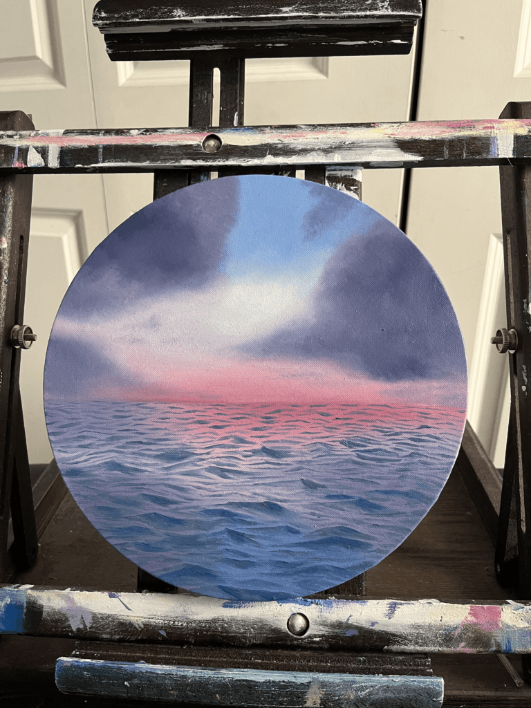 Oil ocean painting titled “Purple Skies” by Olivia Catherine Art.