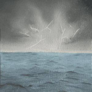 A painting of a lightning storm over sea