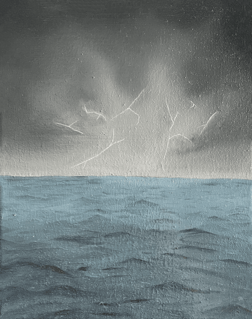 A painting of a lightning storm over sea