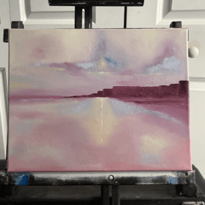 Abstract landscape oil painting titled “The Edge of the Universe” in purple and pink tones