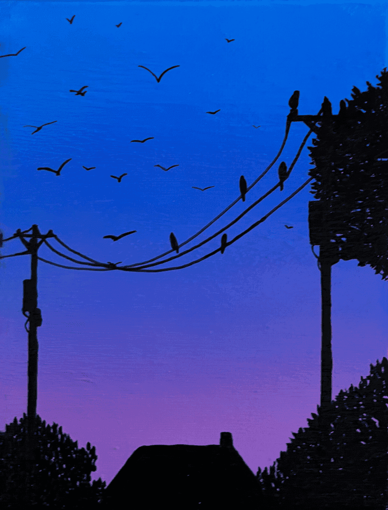 Acrylic sunset painting beneath a purple and blue sky on stretched canvas