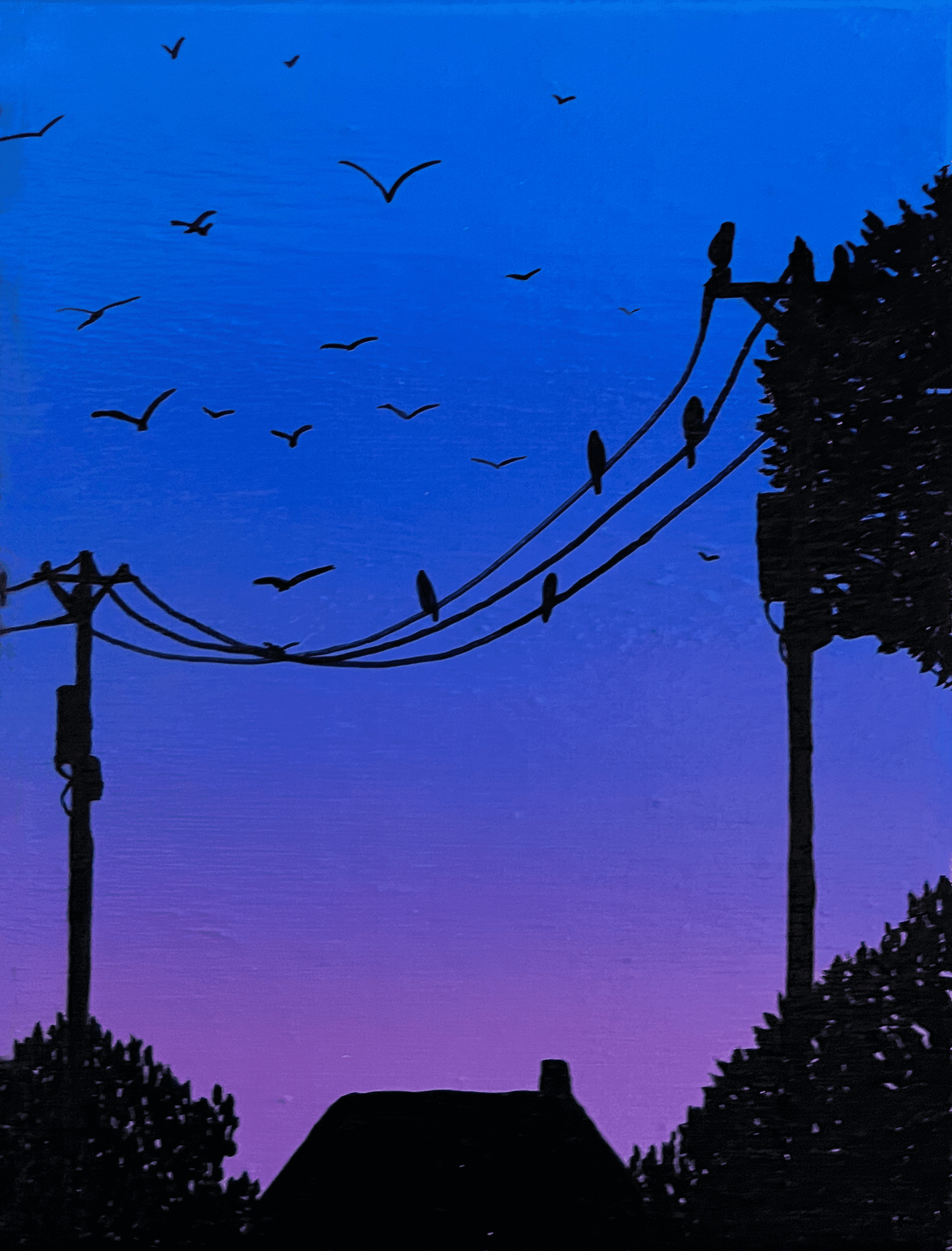 Acrylic sunset painting beneath a purple and blue sky on stretched canvas